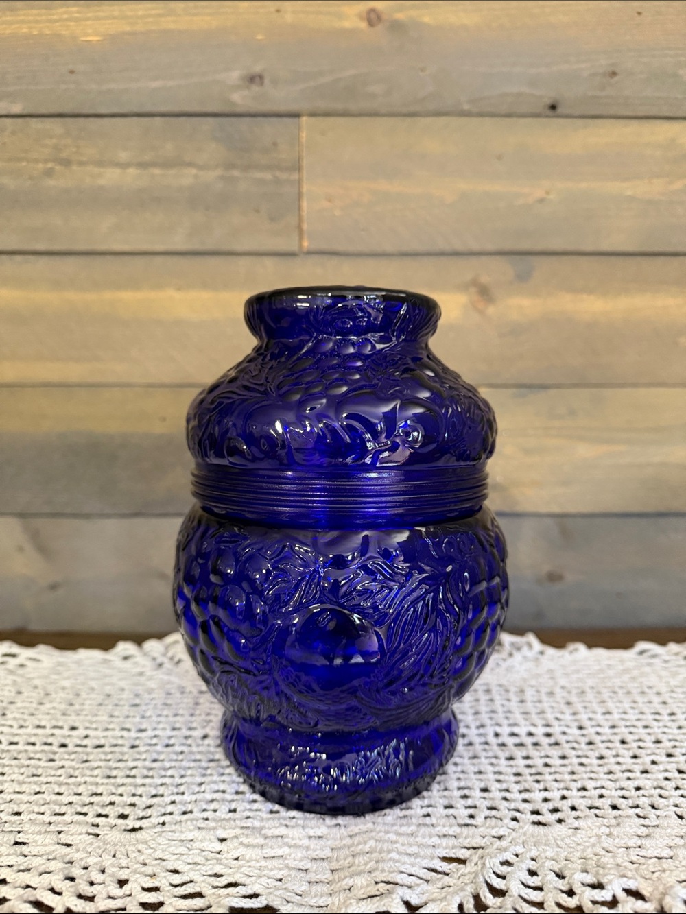 Vintage 1960s Imperial Glass Cobalt Blue Provincial Fruit Candy Jar